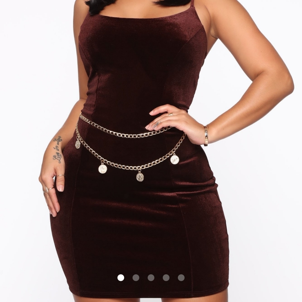 Fashion Nova Brown Velvet Dress W/Chain Belt